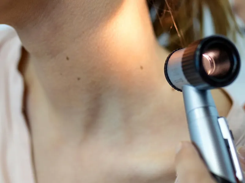 A clinician holding a dermatoscope against a woman's neck during a skin check