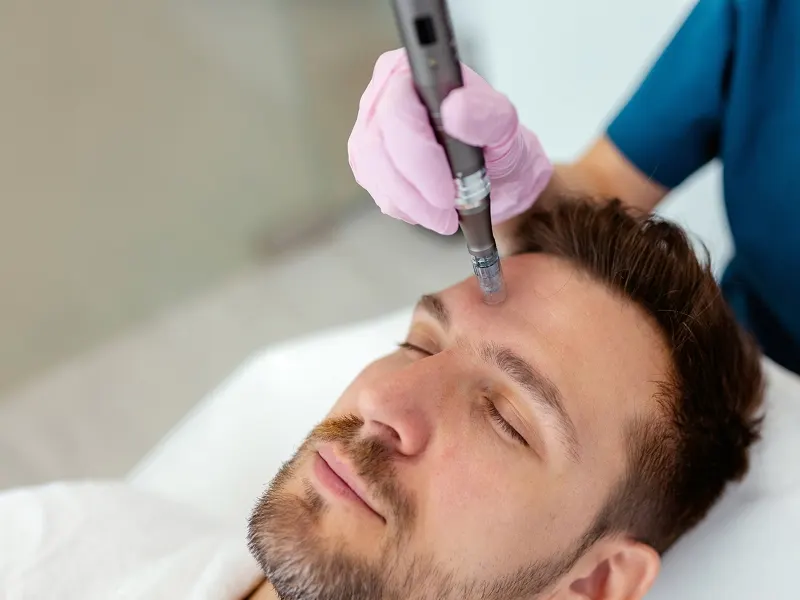 A man lying back as a clinician in teal scrubs and pink gloves uses a microneedling pen on his forehead
