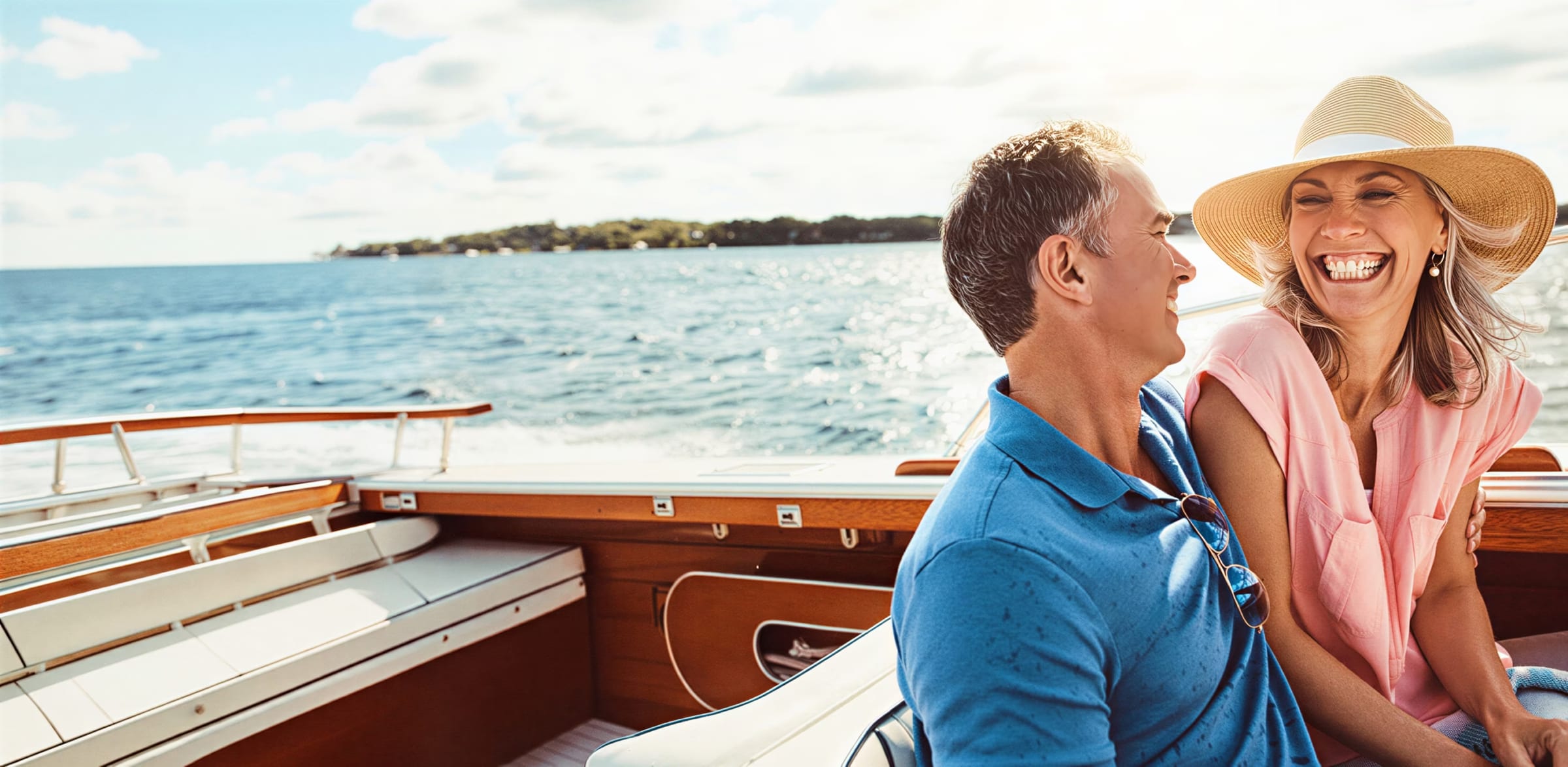 A laughing couple on a boat on the open water, she in a sun hat