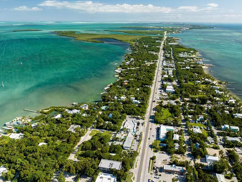 An aerial view of the Overseas Highway running through the Florida Keys